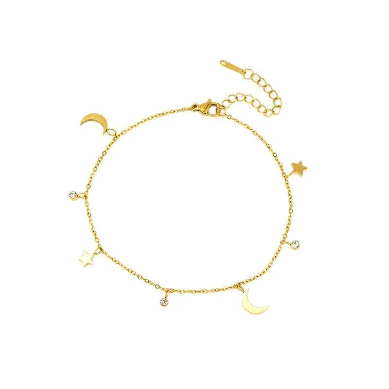 Anklet: Moon & Star Crystal Drop Stainless Steel Gold-Plated