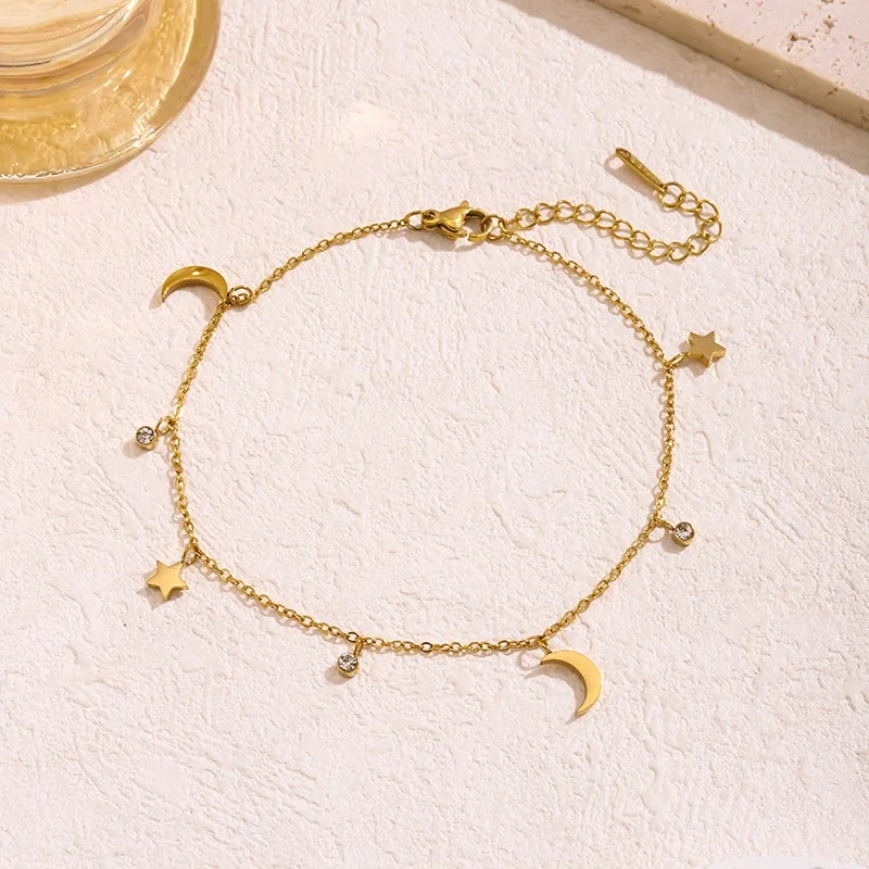 Anklet: Moon & Star Crystal Drop Stainless Steel Gold-Plated