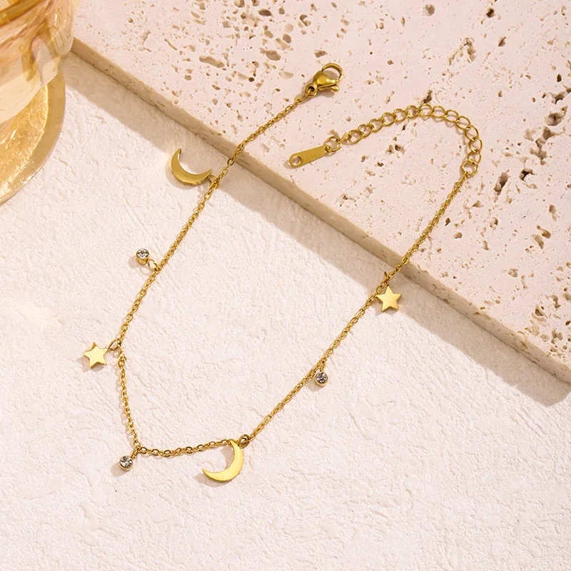 Anklet: Moon & Star Crystal Drop Stainless Steel Gold-Plated