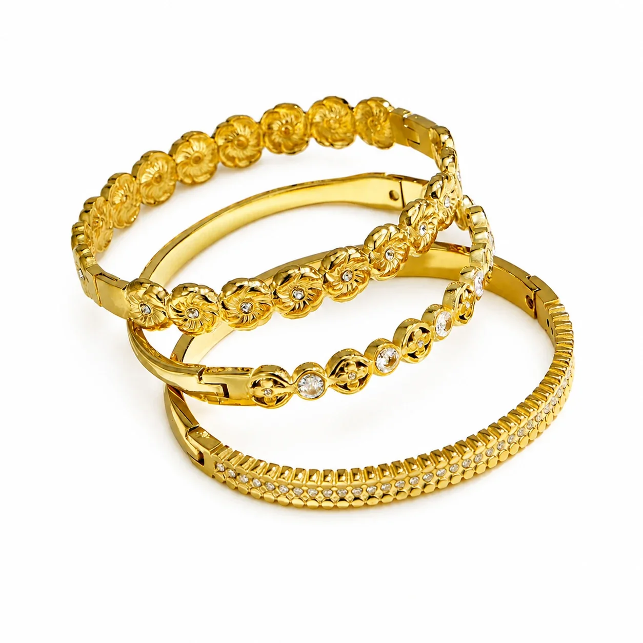 Floral Gold PVD 316L Stainless Steel CZ Hinged Bangle Bracelet