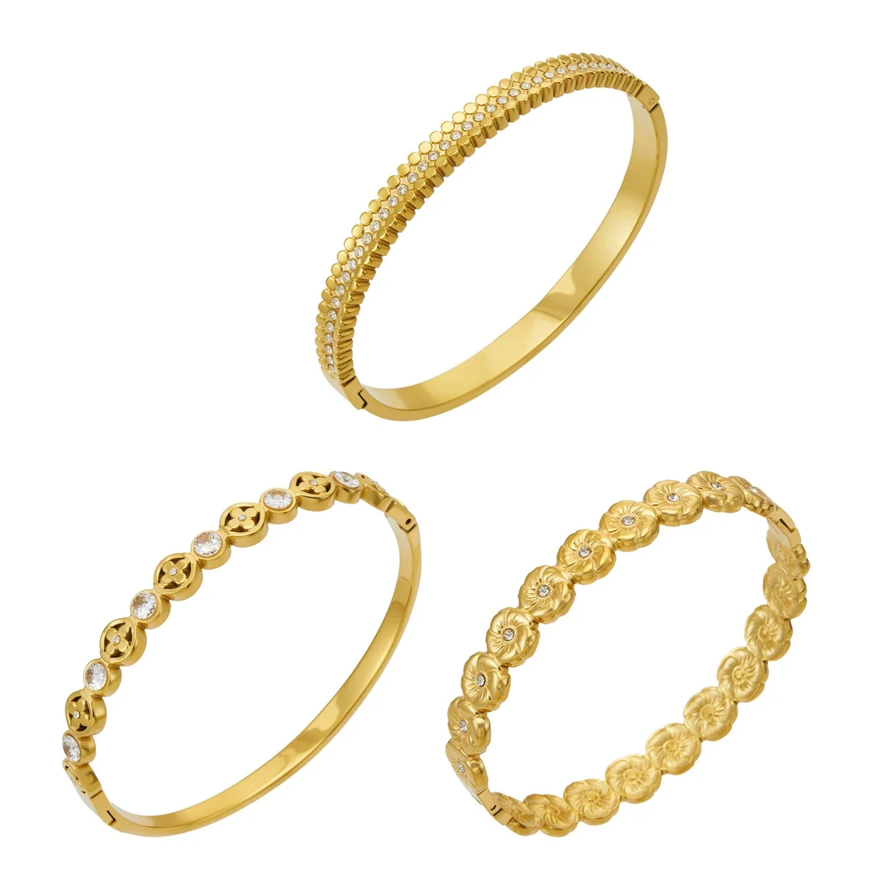 Floral Gold-Plated 316L CZ Hinged Bangle Bracelet