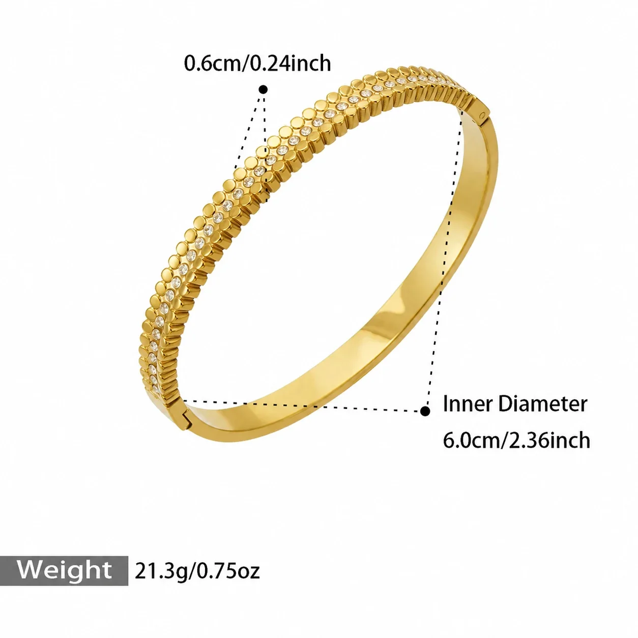 Floral Gold-Plated 316L CZ Hinged Bangle Bracelet - Gold Ribbed CZ