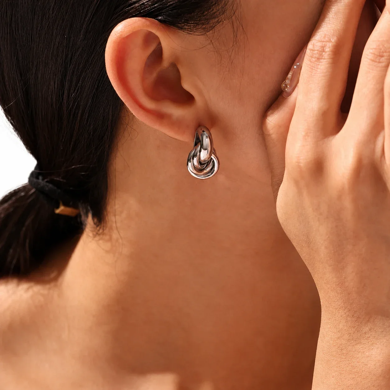 Sculptural Stainless Steel Knotted Oval Stud Earrings