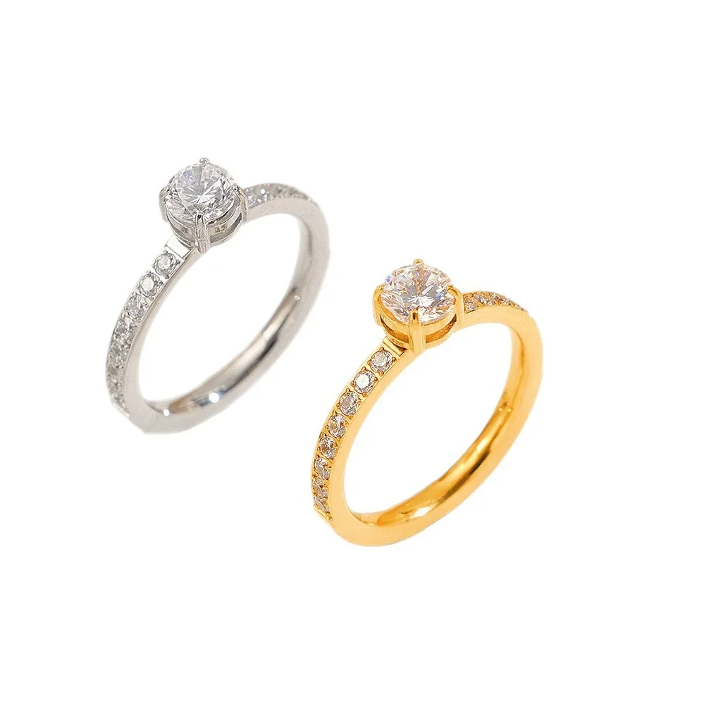 Radiant Stainless Steel Four-Prong Pavé Cubic Zirconia Ring