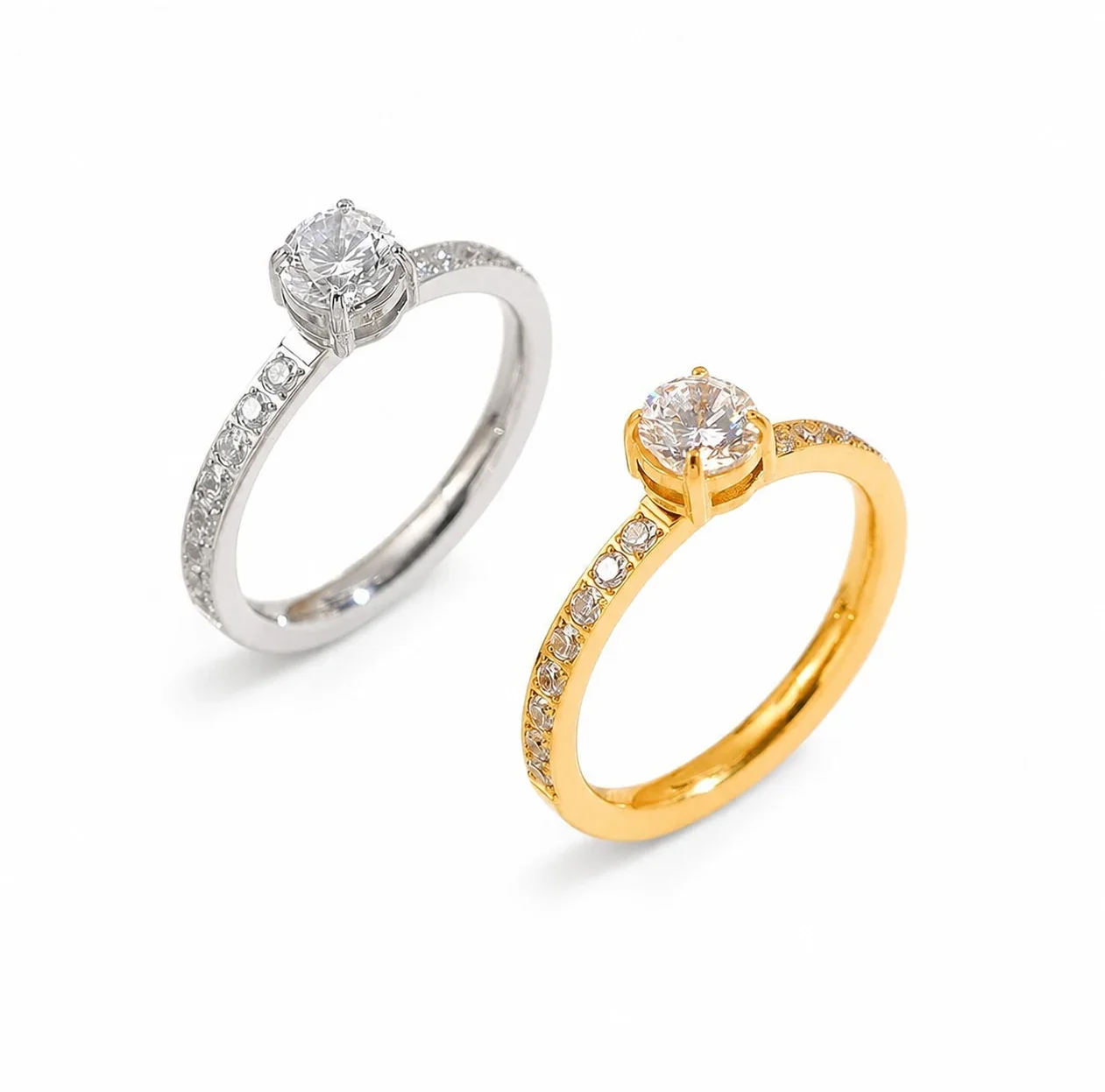 Radiant Stainless Steel Four-Prong Pavé Cubic Zirconia Ring