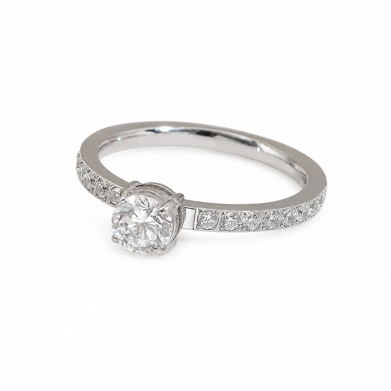 Radiant Stainless Steel Four-Prong Pavé Cubic Zirconia Ring