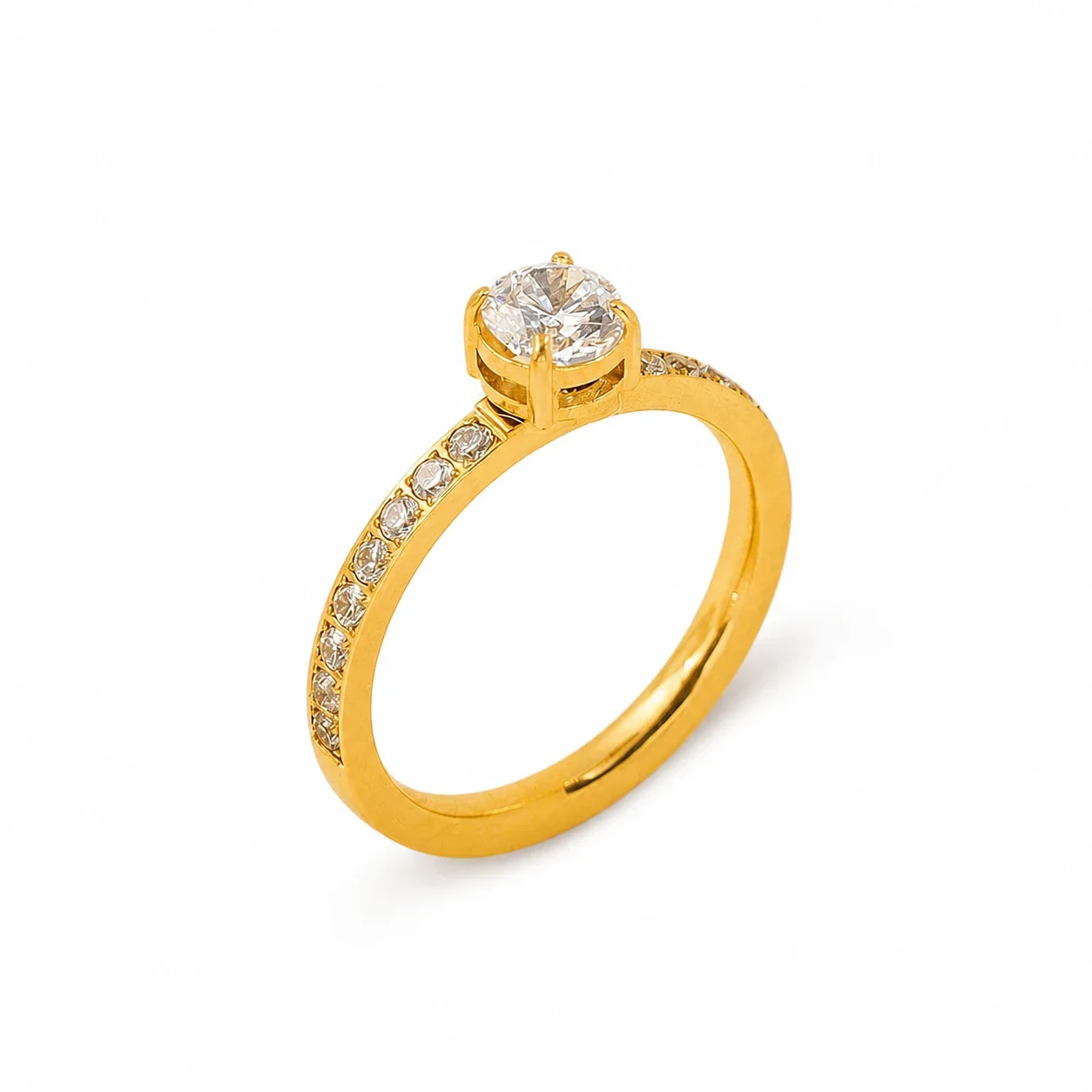 Radiant Stainless Steel Four-Prong Pavé Cubic Zirconia Ring - Gold