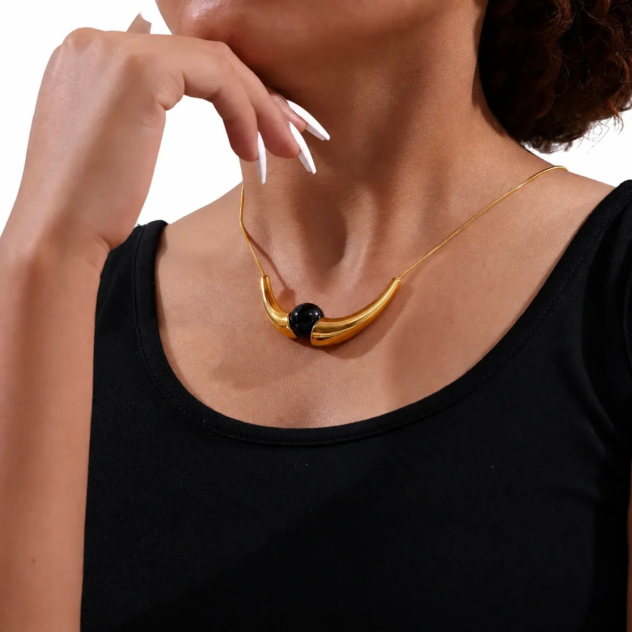 Sculptural 316 Stainless Steel Onyx Arc Necklace