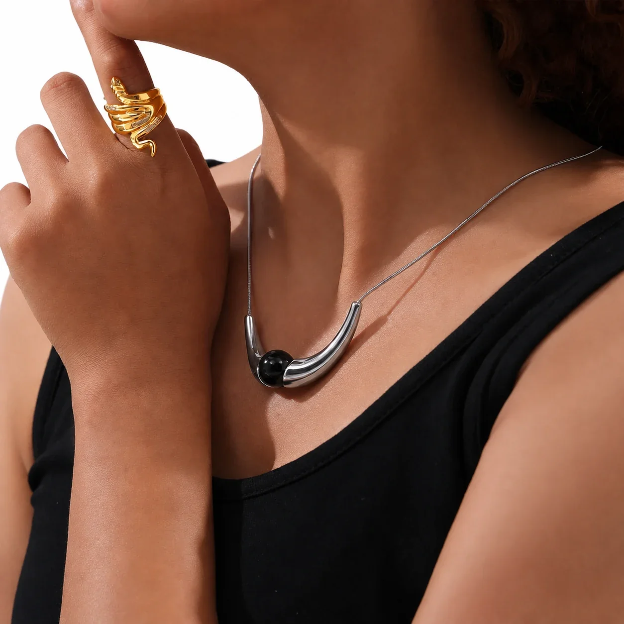 Sculptural 316 Stainless Steel Onyx Arc Necklace