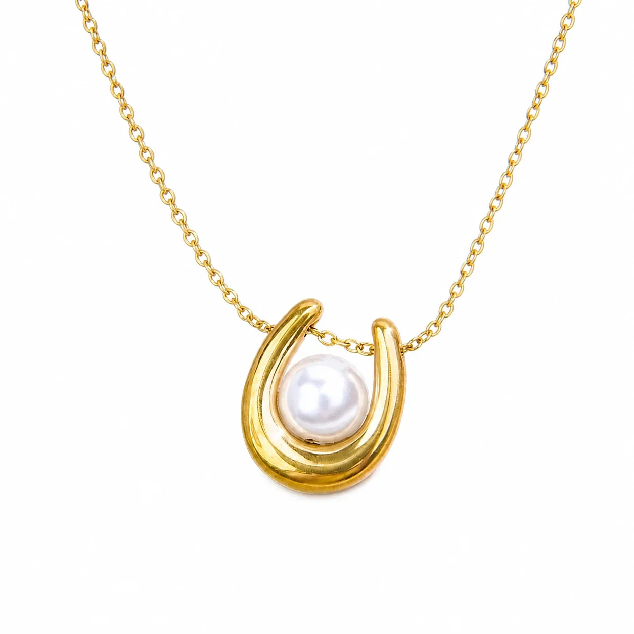 Sculptural 316 Stainless Steel Pearl Pendant Necklace - Gold