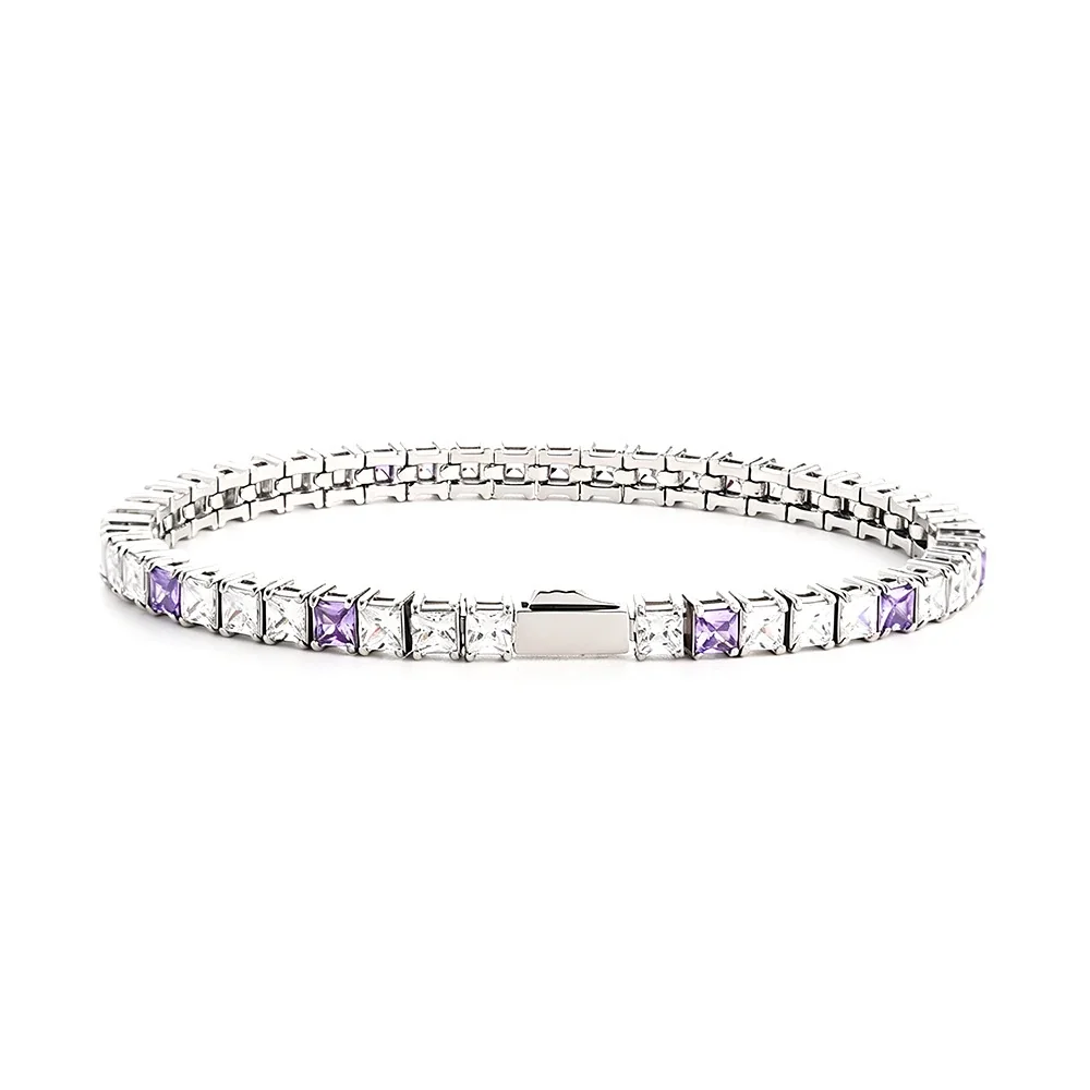 Graphic 316 Stainless Steel Square CZ Tennis Bracelet - Silver mm Square White + Purple CZ