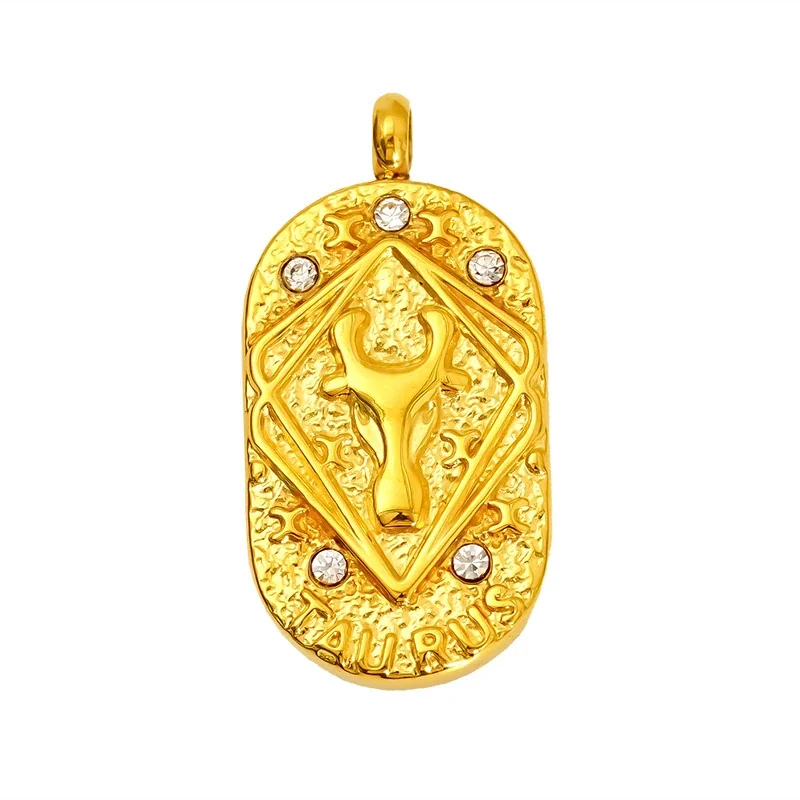 Celestial Stainless Steel Gold-Tone Oval Zodiac CZ Pendant