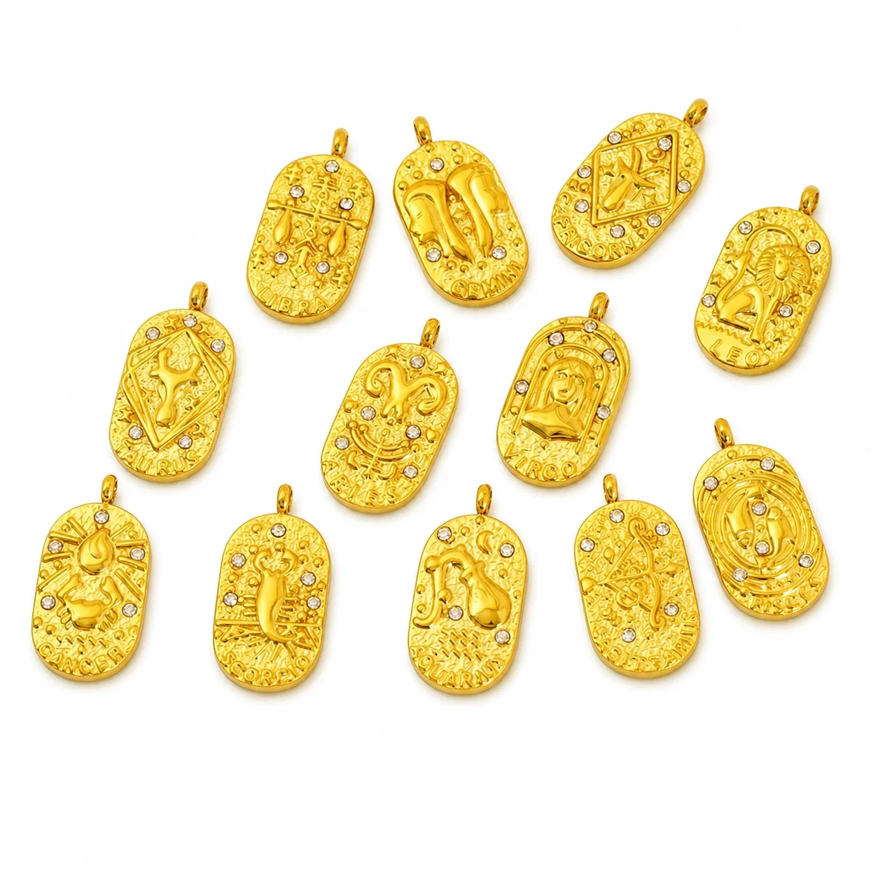 Celestial Stainless Steel Gold-Tone Oval Zodiac CZ Pendant