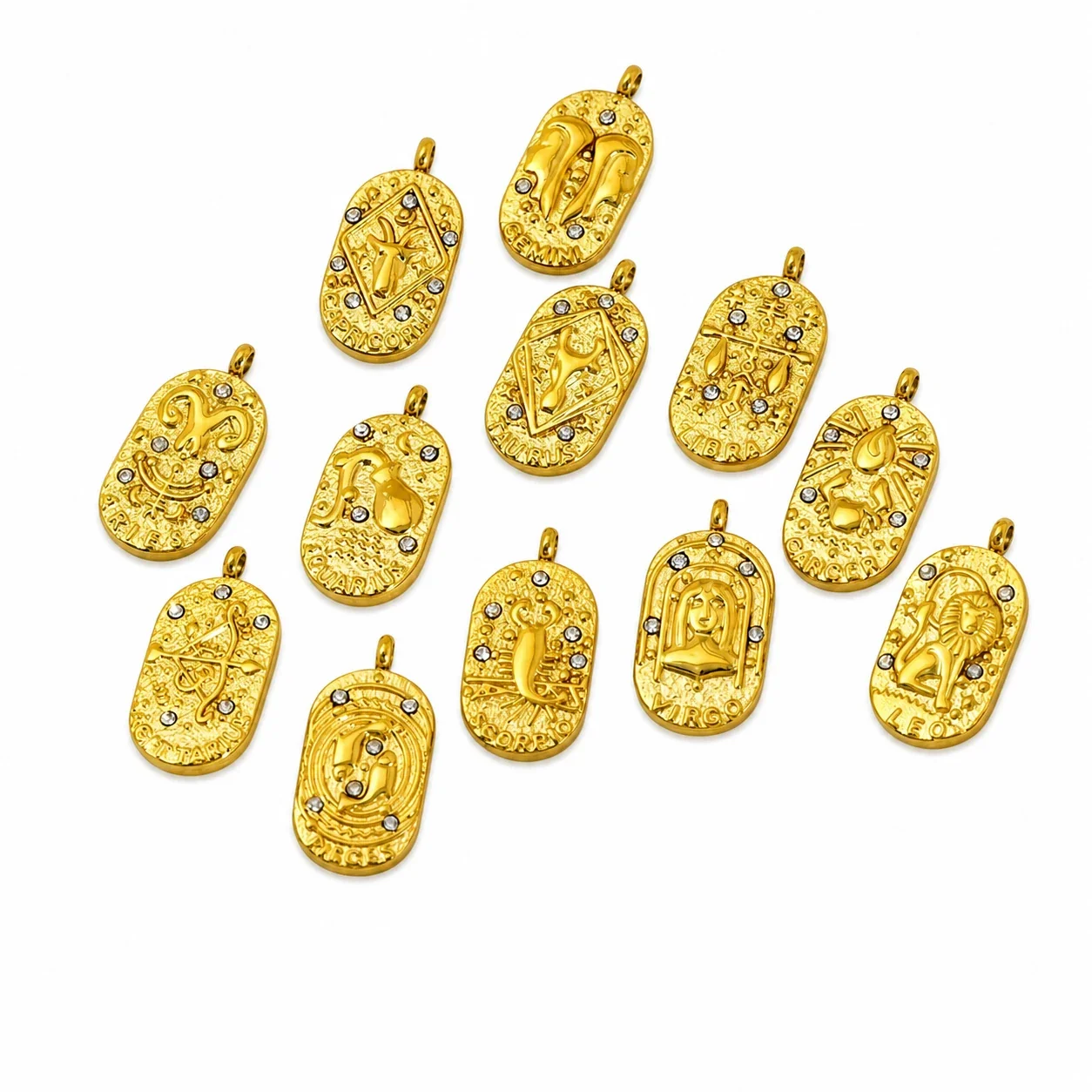 Celestial Stainless Steel Gold-Tone Oval Zodiac CZ Pendant