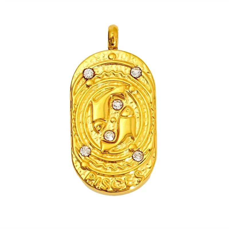Celestial Stainless Steel Gold-Tone Oval Zodiac CZ Pendant - Gold Pisces
