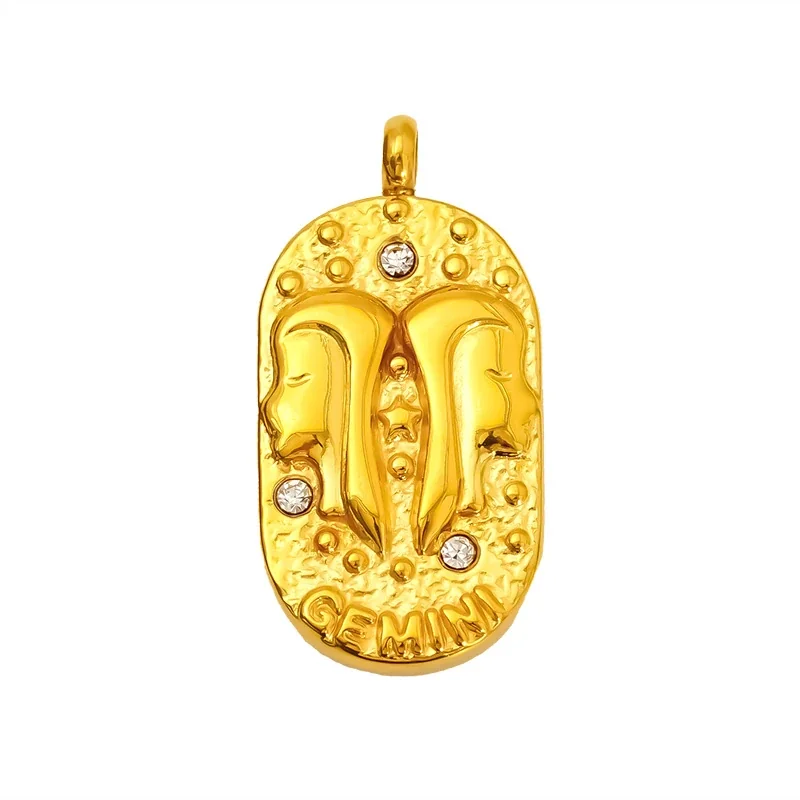 Celestial Stainless Steel Gold-Tone Oval Zodiac CZ Pendant - Gold Gemini
