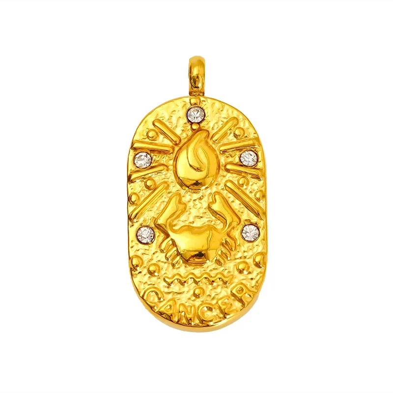 Celestial Stainless Steel Gold-Tone Oval Zodiac CZ Pendant - Gold Cancer
