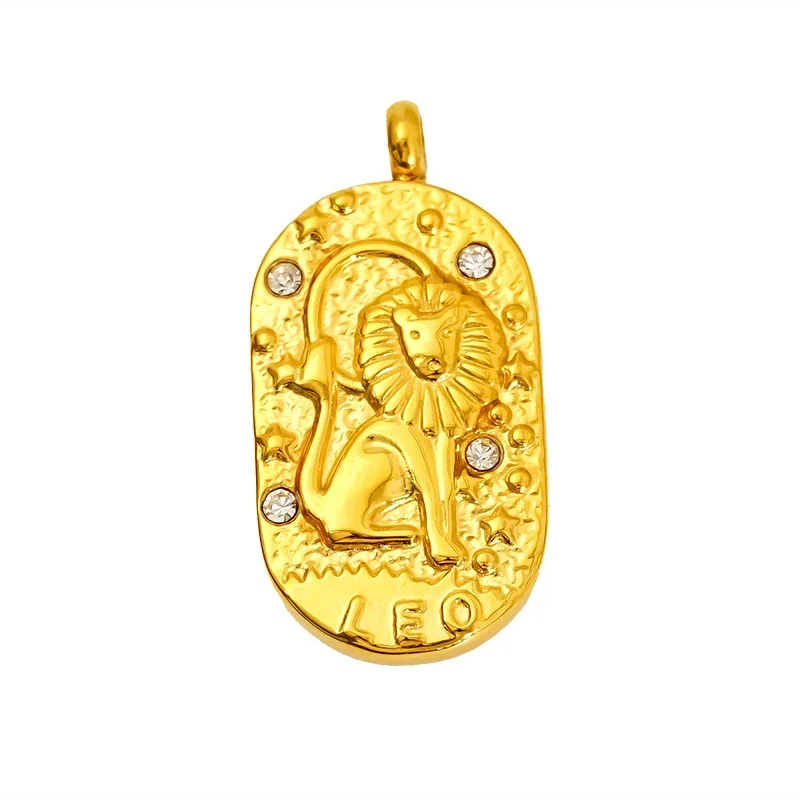 Celestial Stainless Steel Gold-Tone Oval Zodiac CZ Pendant - Gold Leo