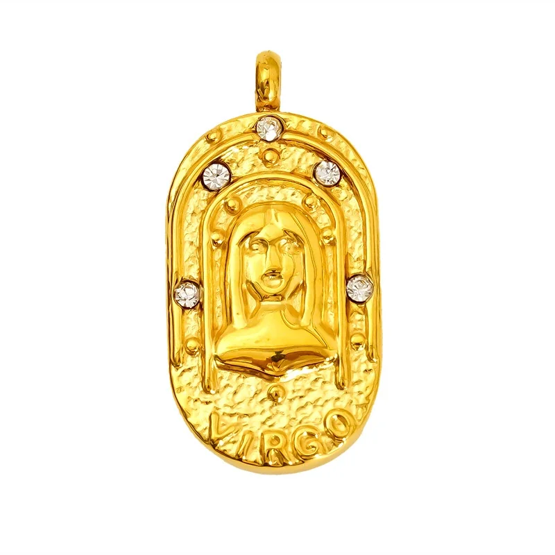 Celestial Stainless Steel Gold-Tone Oval Zodiac CZ Pendant - Gold Virgo