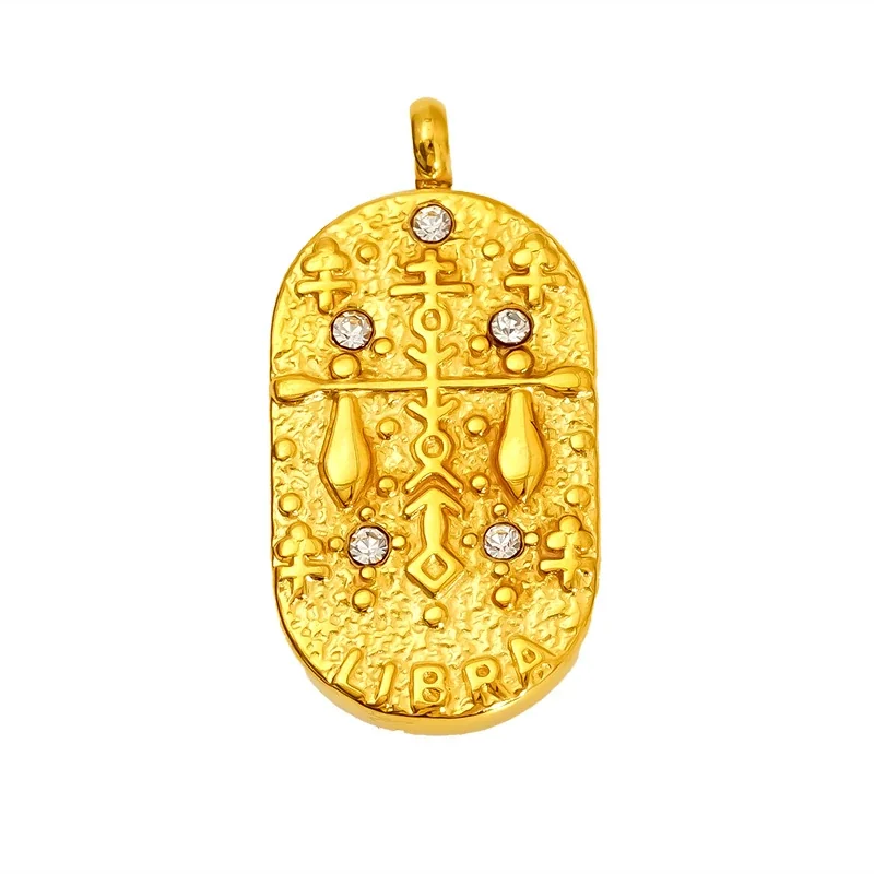Celestial Stainless Steel Gold-Tone Oval Zodiac CZ Pendant - Gold Libra