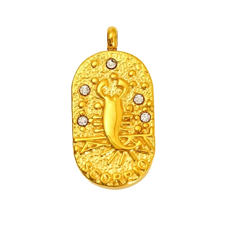 Celestial Stainless Steel Gold-Tone Oval Zodiac CZ Pendant - Gold Scorpio