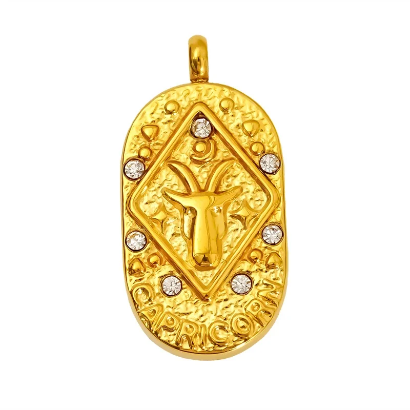 Celestial Stainless Steel Gold-Tone Oval Zodiac CZ Pendant - Gold Capricorn