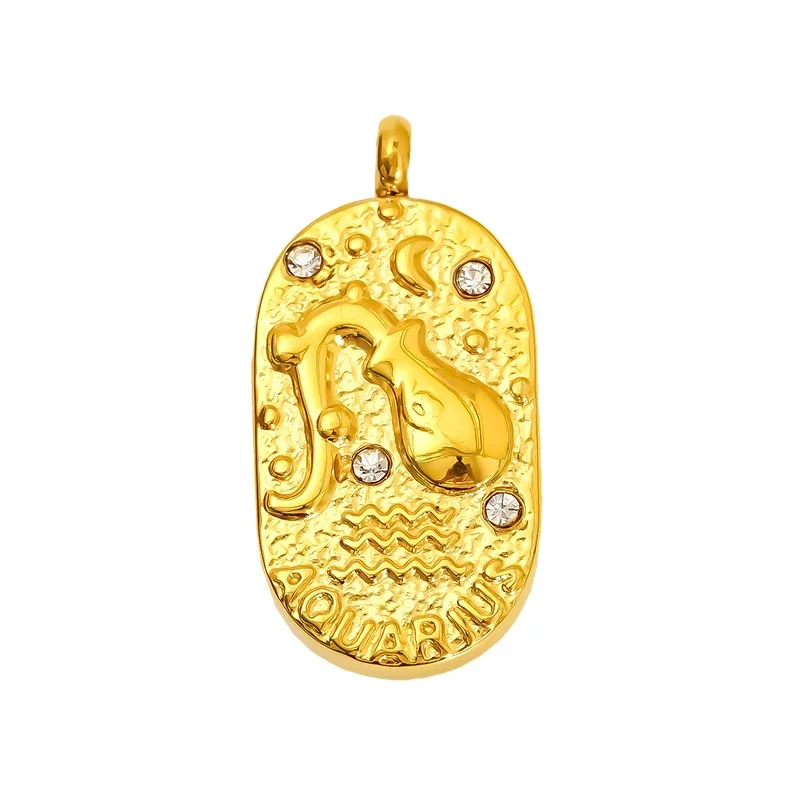 Celestial Stainless Steel Gold-Tone Oval Zodiac CZ Pendant - Gold Aquarius