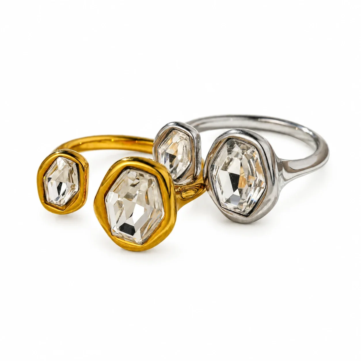 Open Ring with Double Irregular Bezel Crystals, Stainless Steel