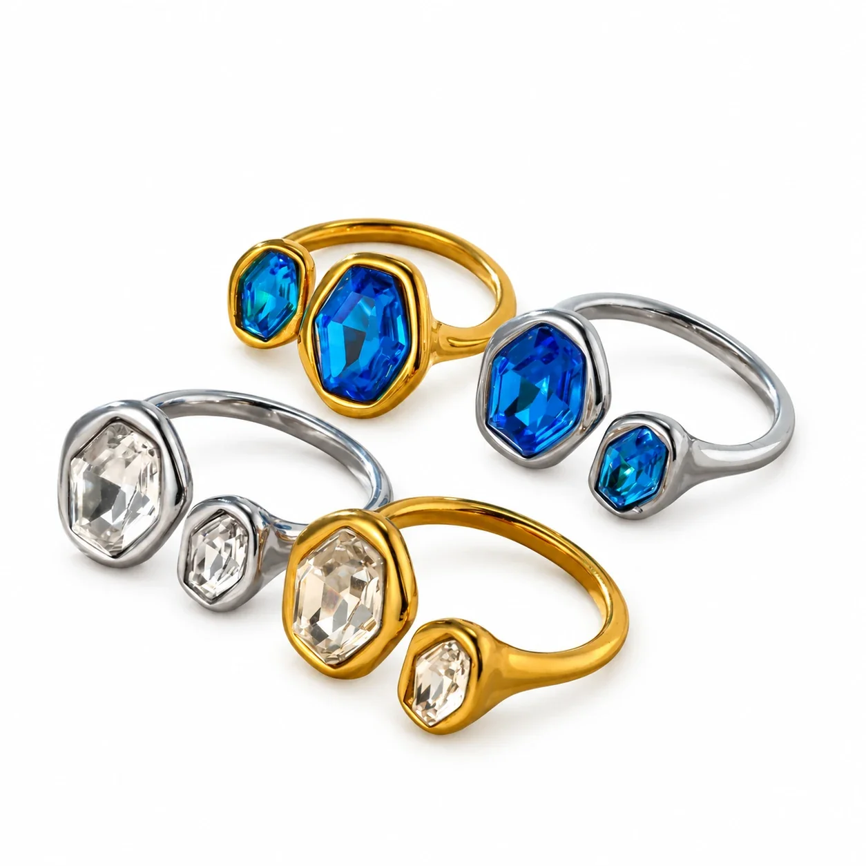 Open Ring with Double Irregular Bezel Crystals, Stainless Steel