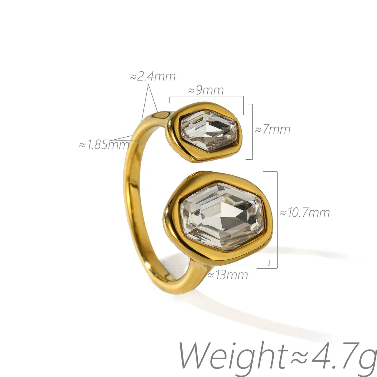 Open Ring with Double Irregular Bezel Crystals, Stainless Steel