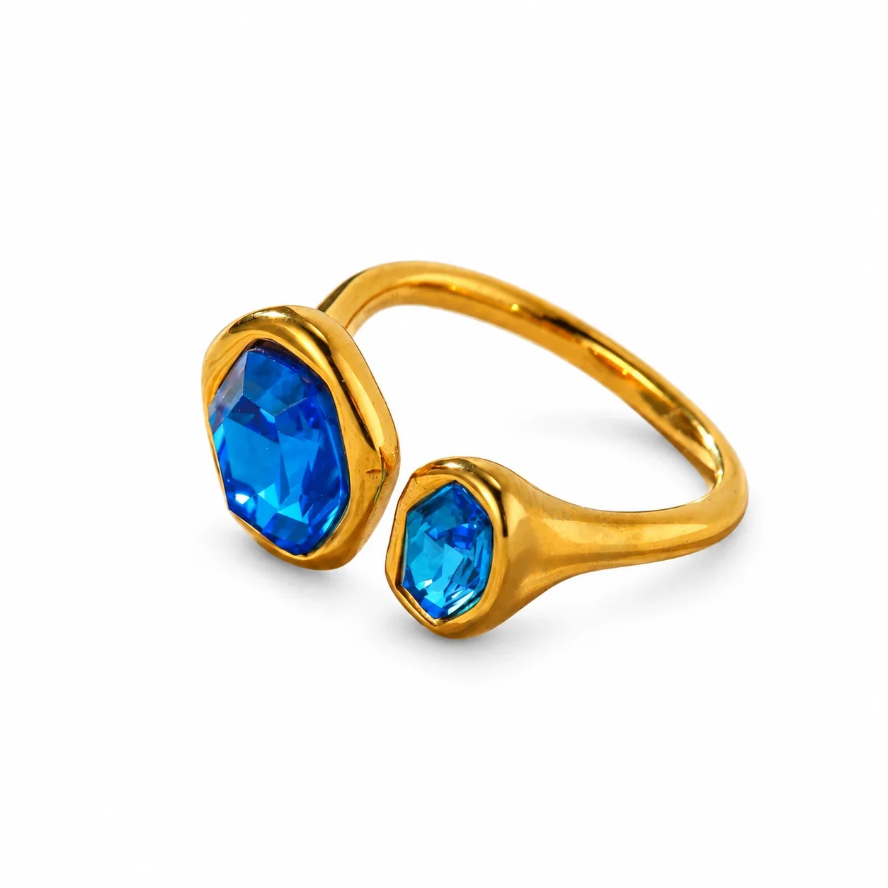 Open Ring with Double Irregular Bezel Crystals, Stainless Steel - Gold Blue Crystal