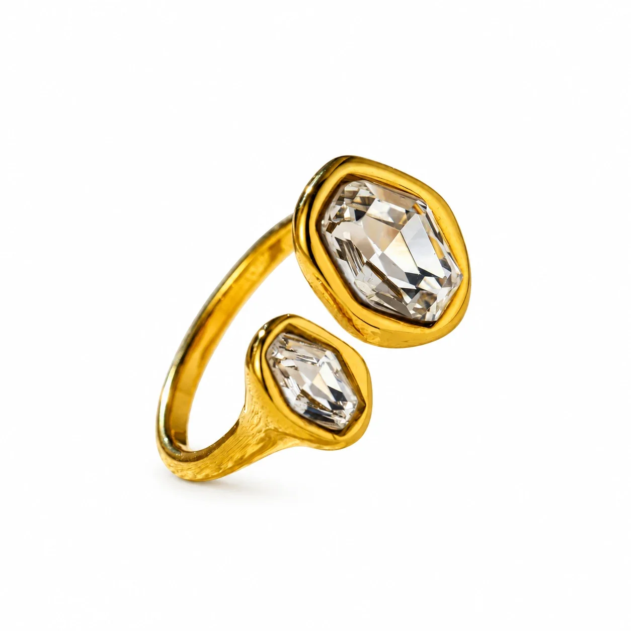Open Ring with Double Irregular Bezel Crystals, Stainless Steel - Gold Clear Crystal