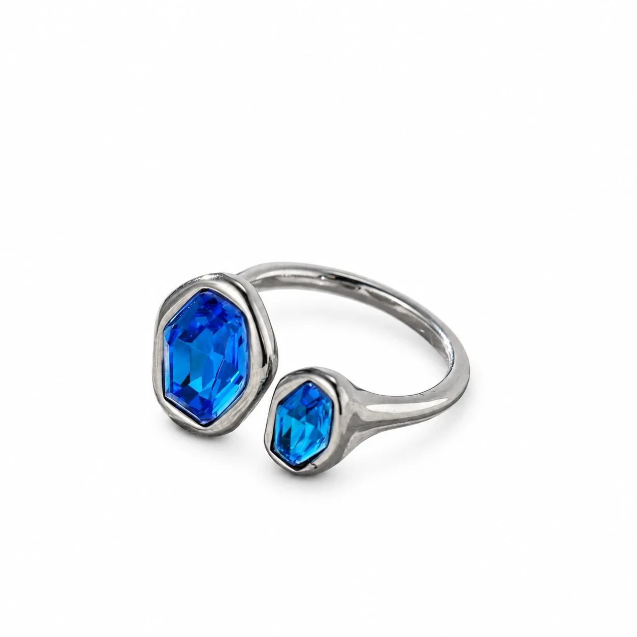 Open Ring with Double Irregular Bezel Crystals, Stainless Steel - Silver Blue Crystal