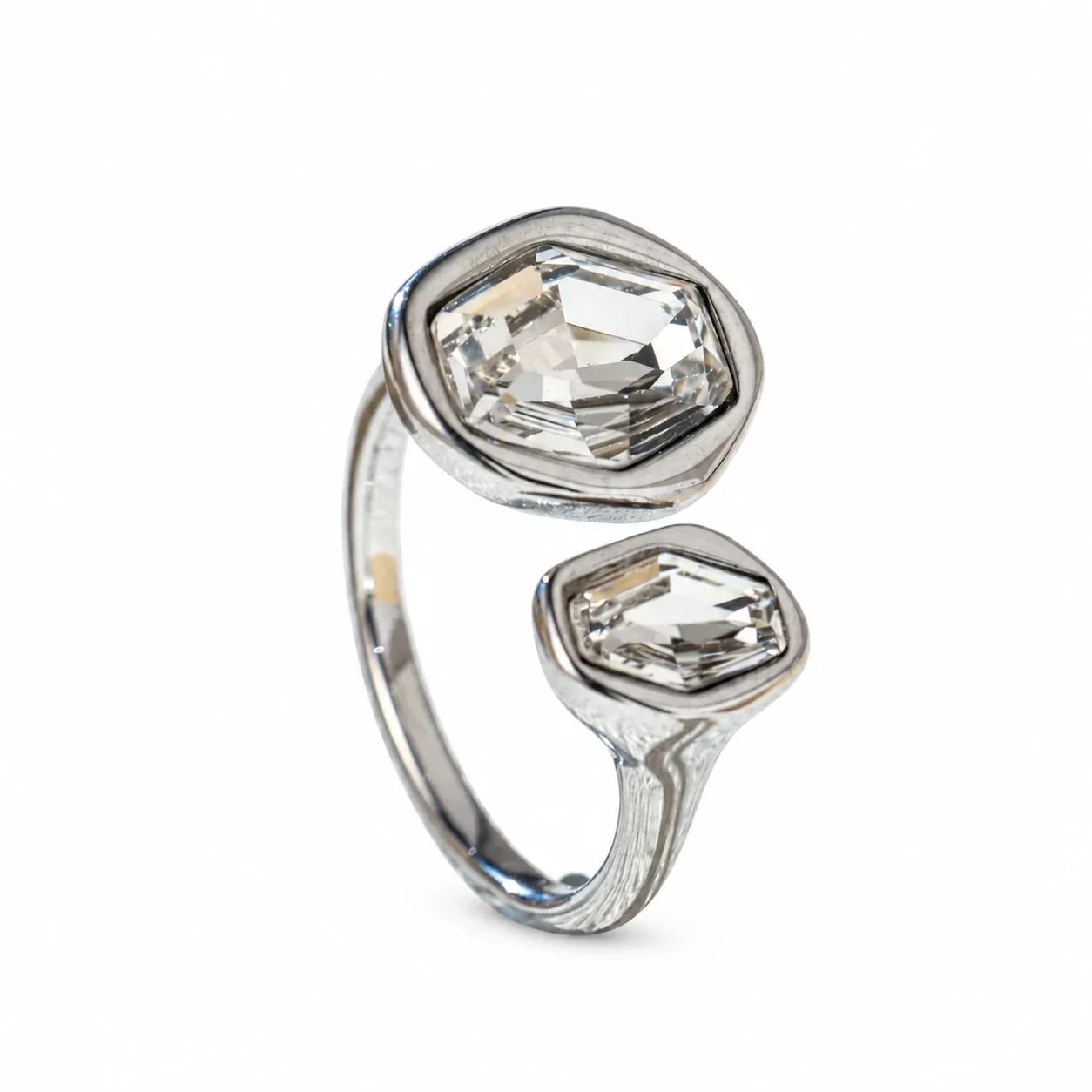 Open Ring with Double Irregular Bezel Crystals, Stainless Steel - Silver Clear Crystal