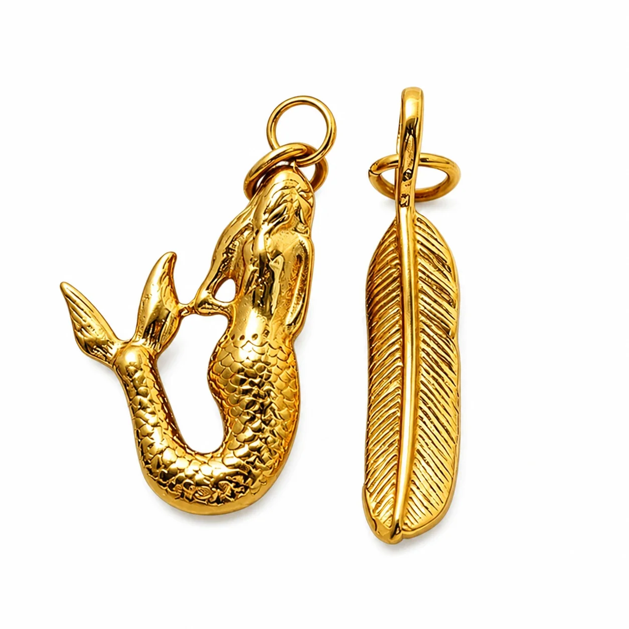 Sculptural Mermaid & Feather 316 Stainless Steel Necklace