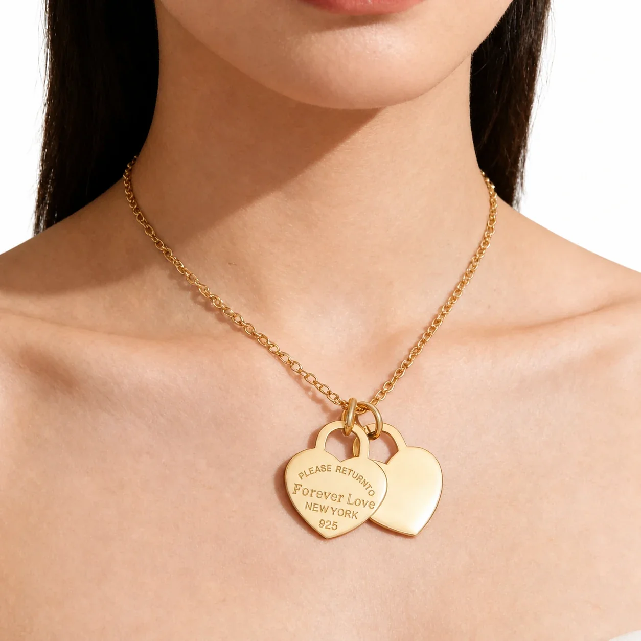 Heart Pendant Necklace with Double Charms Stainless Steel