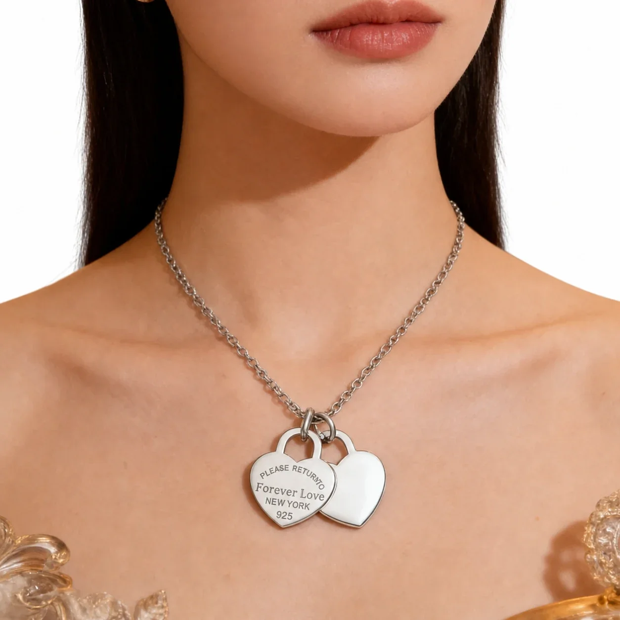 Heart Pendant Necklace with Double Charms Stainless Steel
