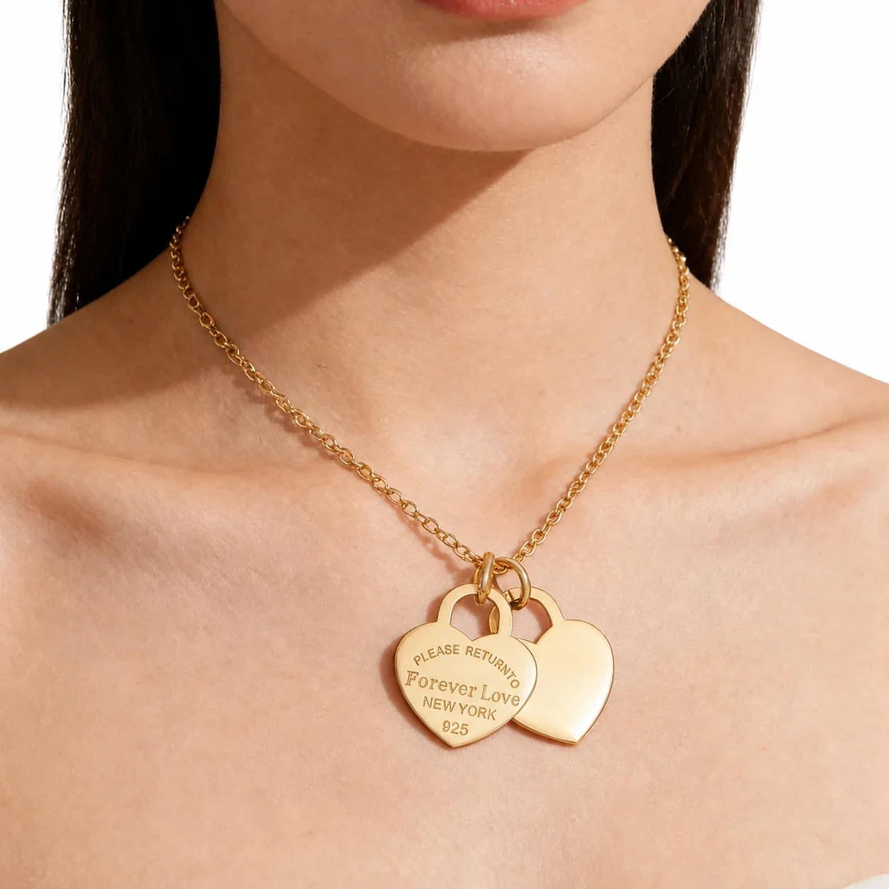Heart Pendant Necklace with Double Charms Stainless Steel - Gold Double Heart