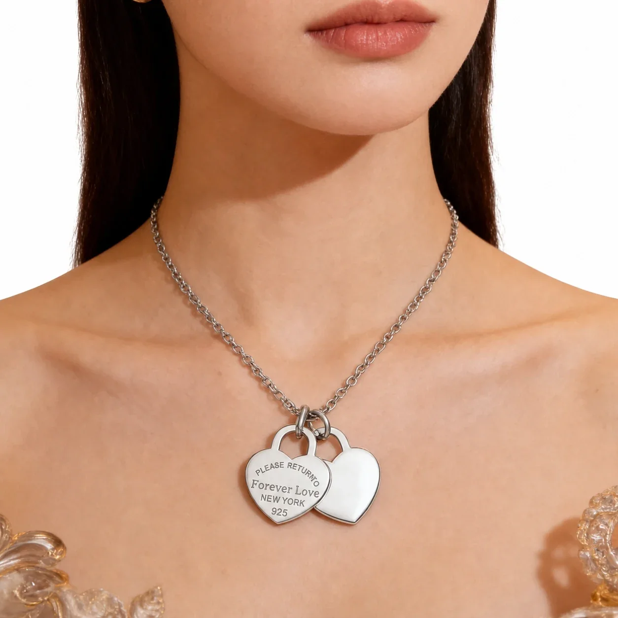 Heart Pendant Necklace with Double Charms Stainless Steel - Silver Double Heart