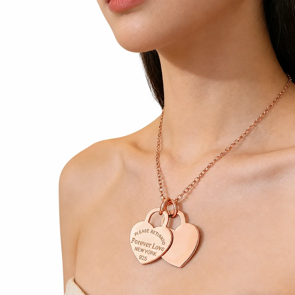 Heart Pendant Necklace with Double Charms Stainless Steel - Rose Gold Double Heart