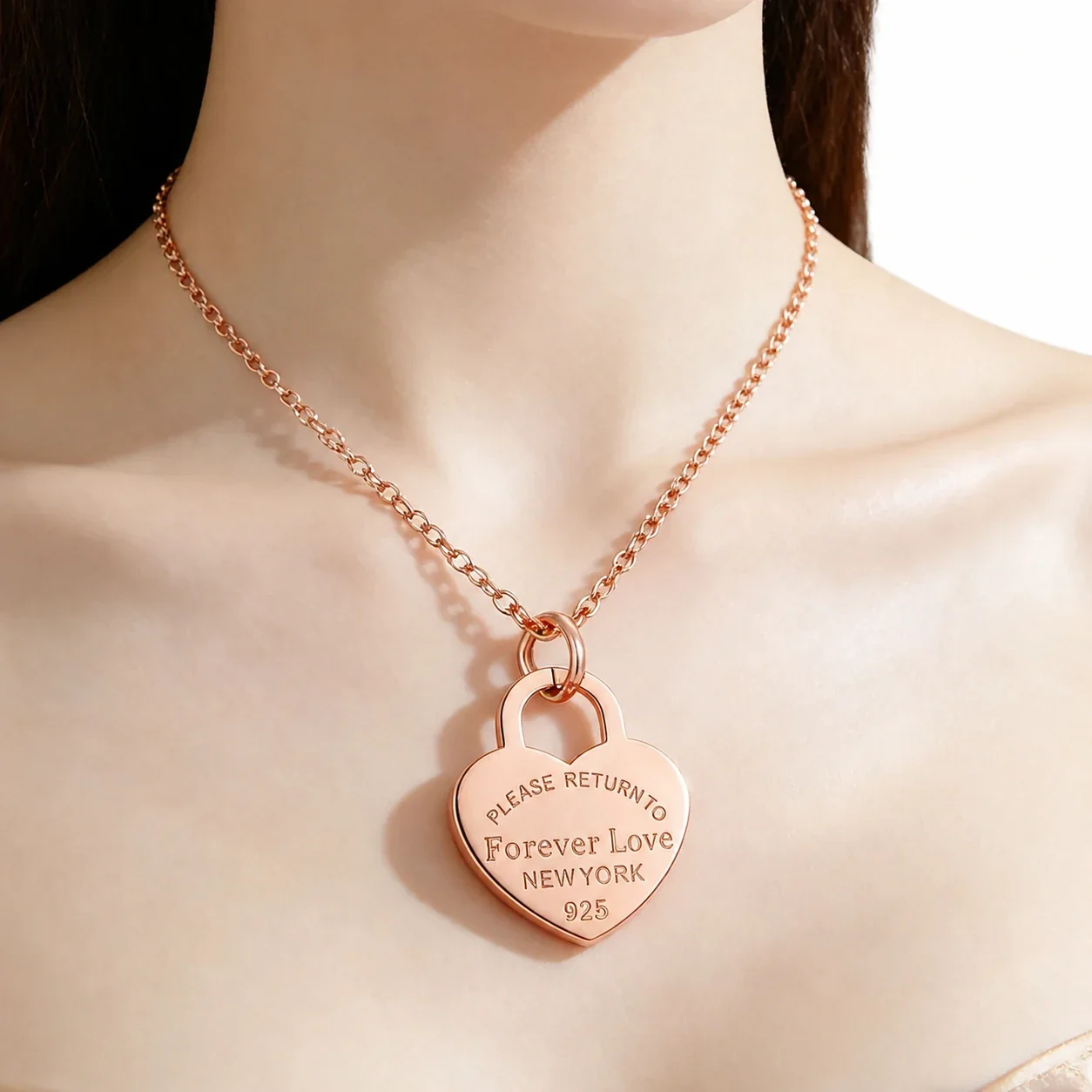 Heart Pendant Necklace with Double Charms Stainless Steel - Rose Gold Single Heart
