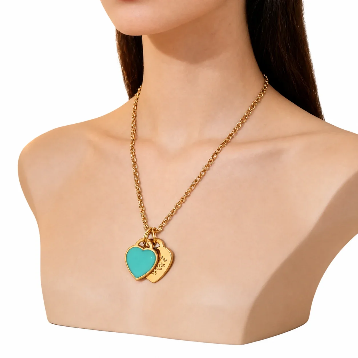Heart Pendant Necklace with Double Charms Stainless Steel - Gold Blue Enamel Heart
