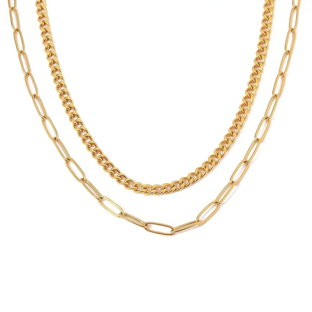 Layered Stainless Steel Curb & Paperclip Chain Necklace