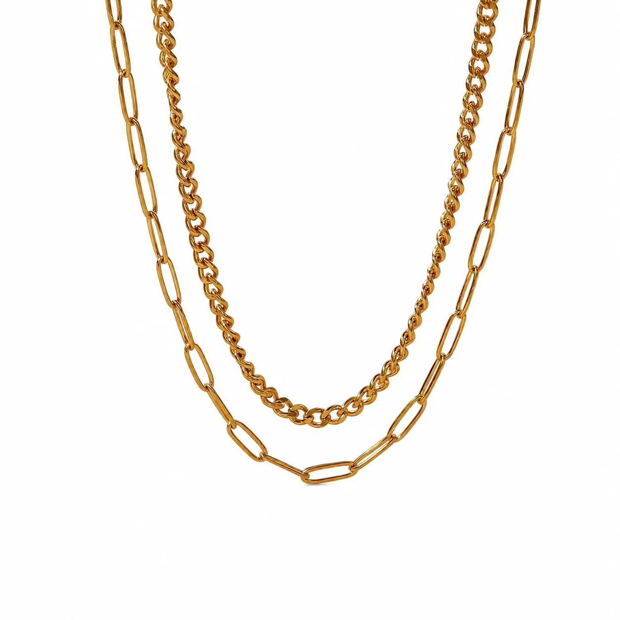 Layered Stainless Steel Curb & Paperclip Chain Necklace