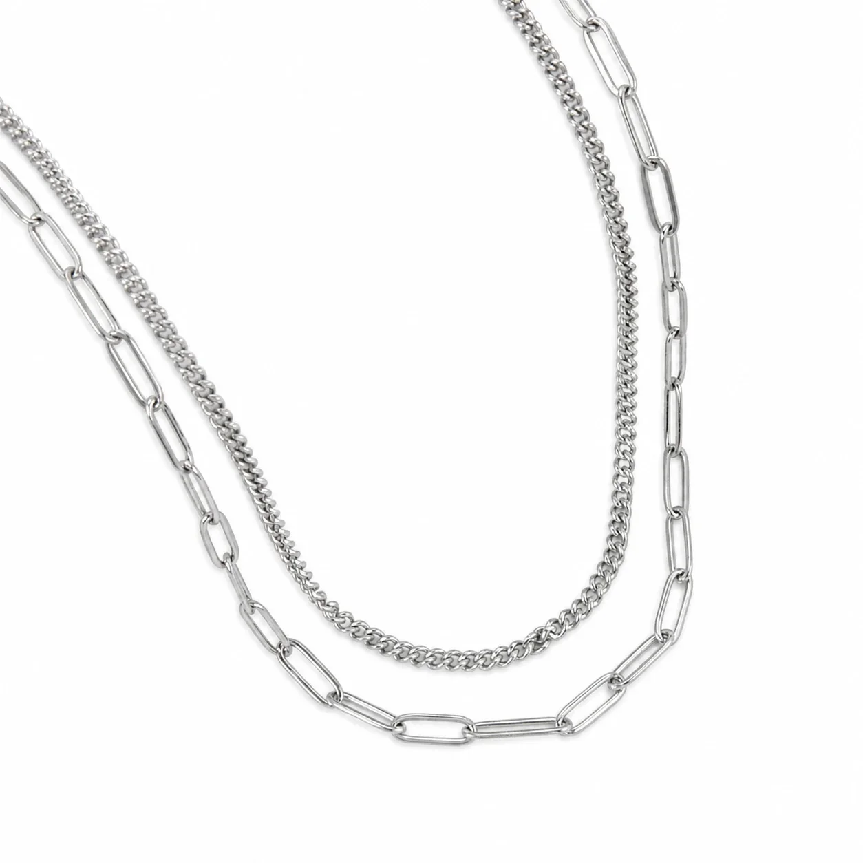 Layered Stainless Steel Curb & Paperclip Chain Necklace