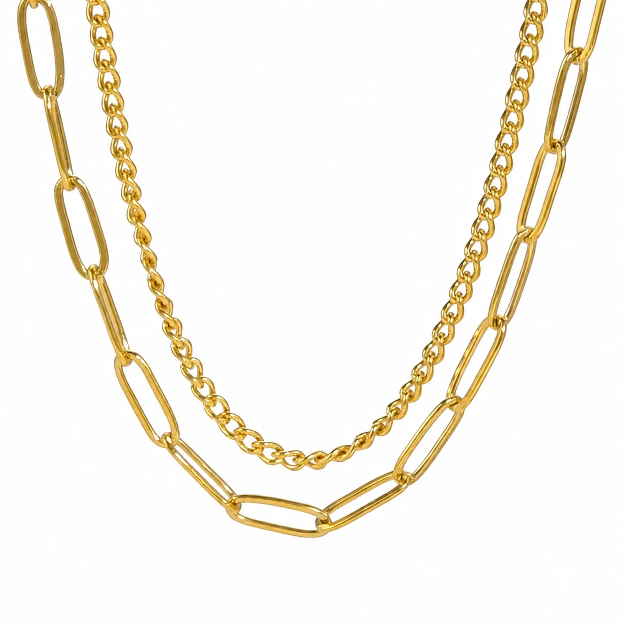 Layered Stainless Steel Curb & Paperclip Chain Necklace