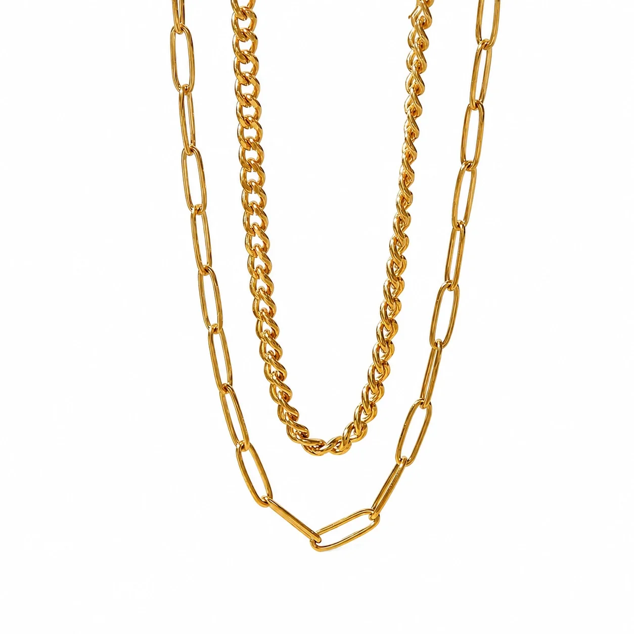 Layered Stainless Steel Curb & Paperclip Chain Necklace
