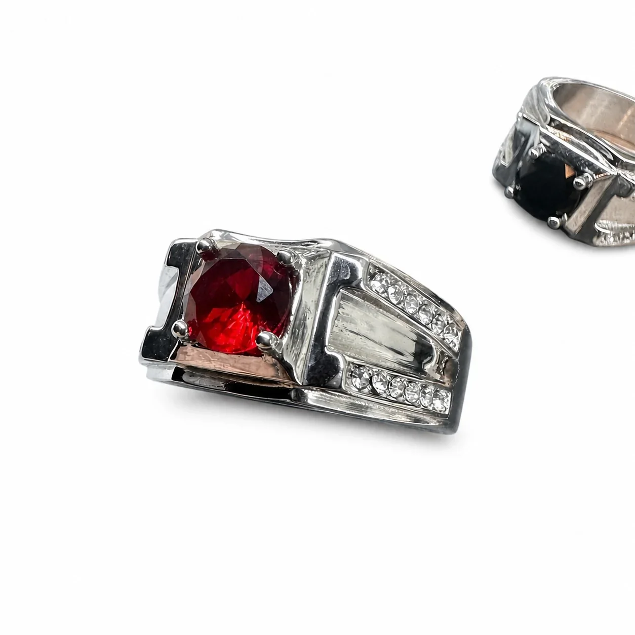 Bold 316 Stainless Steel Round-Cut CZ Signet Ring - Red