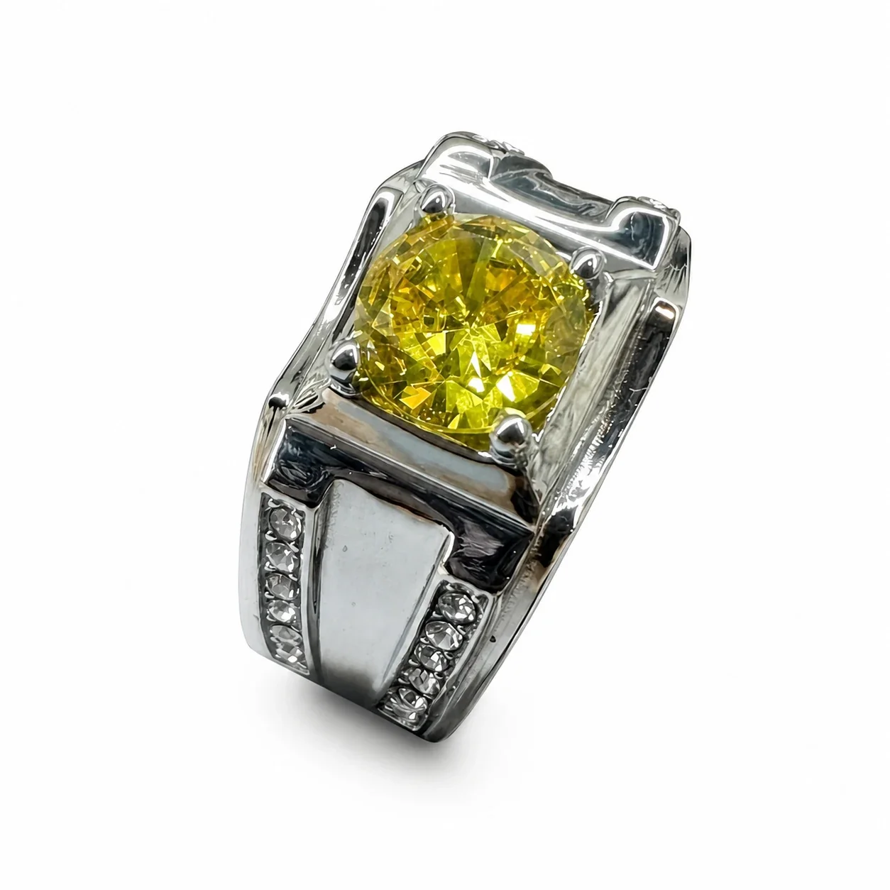 Bold 316 Stainless Steel Round-Cut CZ Signet Ring - Yellow