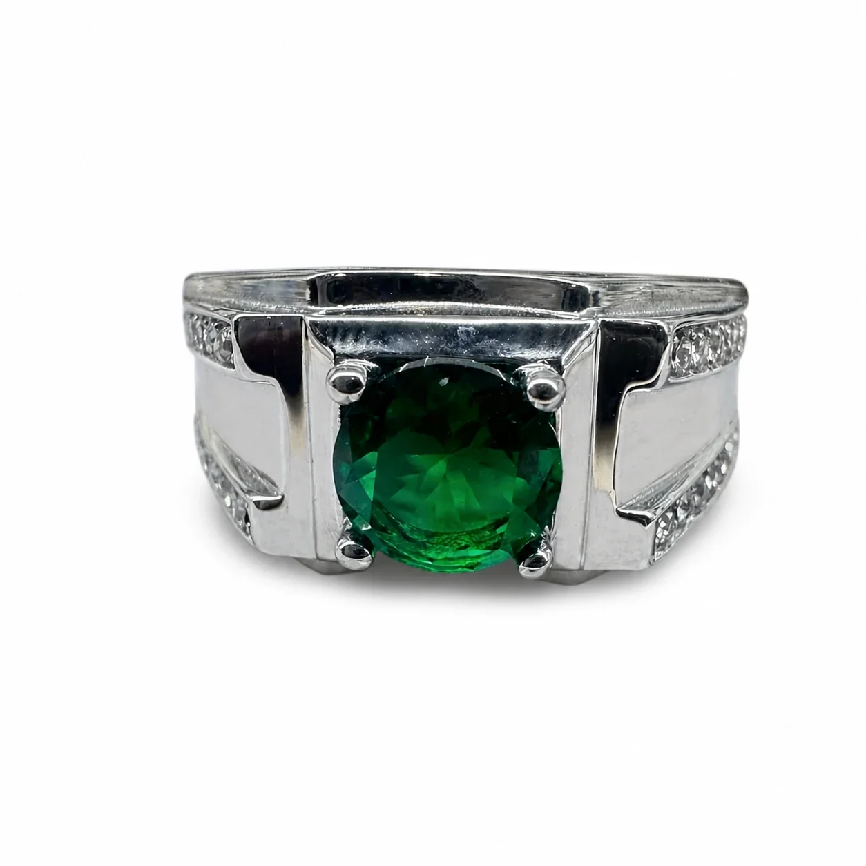 Bold 316 Stainless Steel Round-Cut CZ Signet Ring - Green